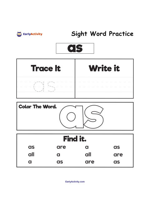 Worksheet for practising the sight word “as” with tracing, writing, colouring and word-finding activities.