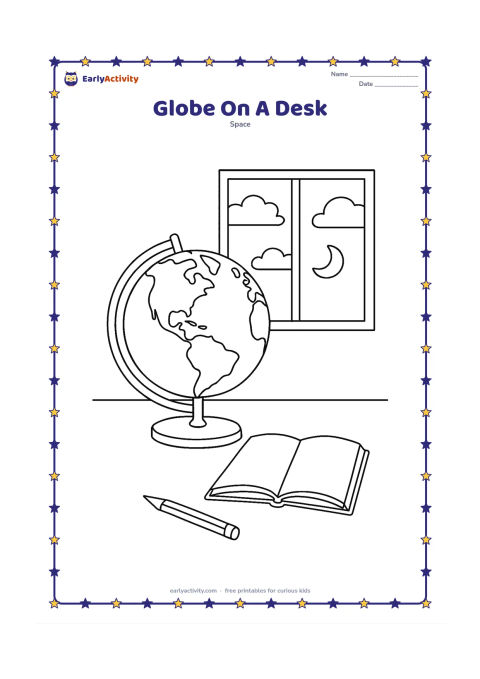 Colouring page: A large classroom globe on a simple stand sits on a desk beside an open atlas with blank pages and a pencil. A window behind it shows clouds and a small Moon-shaped ornament, with no…
