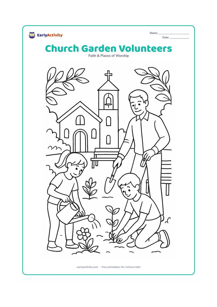 Colouring page: Older children and an adult care for a church garden, with one child watering flowers, another planting a seedling, a church entrance, bell tower, benches, and leafy borders.