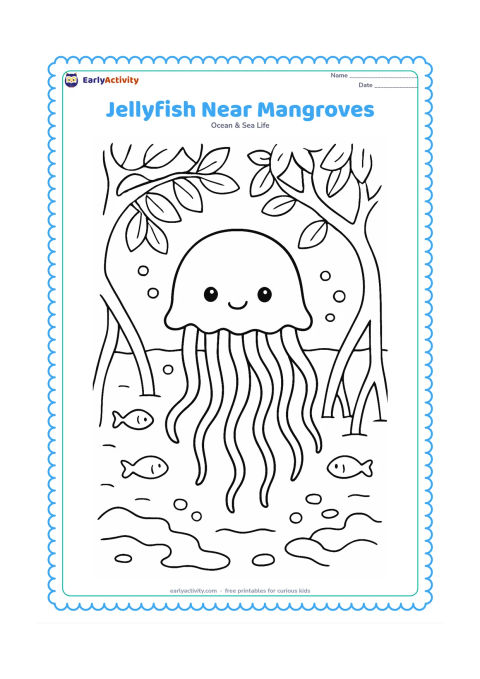 Colouring page: Draw a jellyfish in shallow coastal water beneath mangrove roots, with several curved roots reaching into the water. Add small fish, bubbles, mud shapes and a leafy mangrove canopy above.