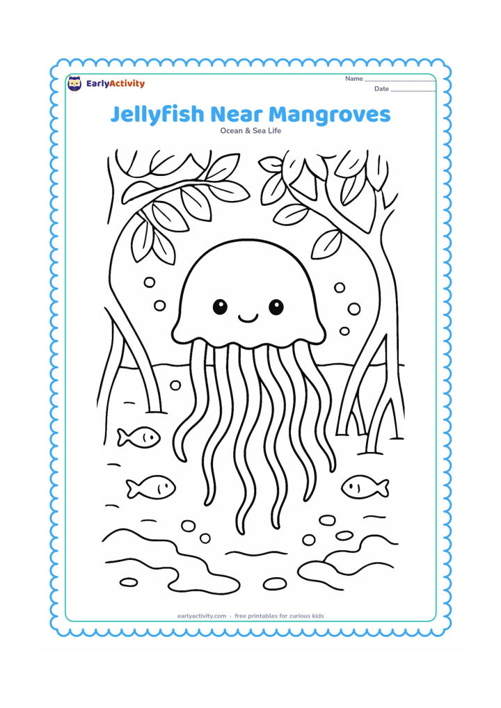 Colouring page: Draw a jellyfish in shallow coastal water beneath mangrove roots, with several curved roots reaching into the water. Add small fish, bubbles, mud shapes and a leafy mangrove canopy above.
