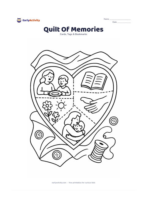 Worksheet: A large heart-shaped quilt is made from separate blank and patterned patches showing small scenes of a shared meal, a book, a garden, a helping hand and a hug. Surround it with folded…