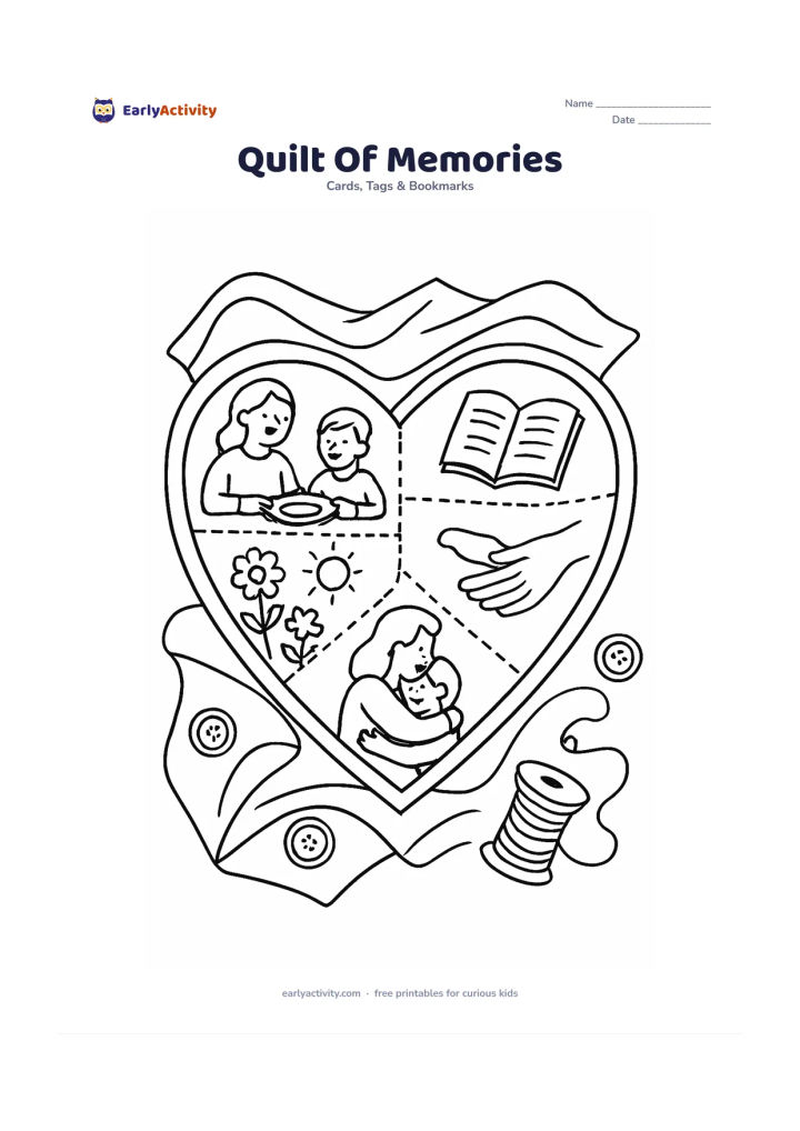 Worksheet: A large heart-shaped quilt is made from separate blank and patterned patches showing small scenes of a shared meal, a book, a garden, a helping hand and a hug. Surround it with folded…