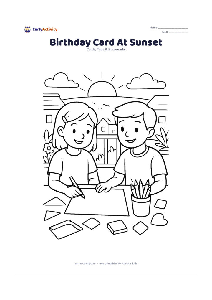 Worksheet: Show two friends making a birthday card together on a balcony at sunset, with a blank card in the foreground, coloured pencils and paper shapes on the table. Include rooftops, plants,…