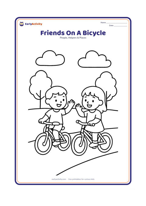 Colouring page: Two children ride side by side on separate bicycles along a park path, smiling and waving to each other. Include two trees, a broad path, and simple clouds.