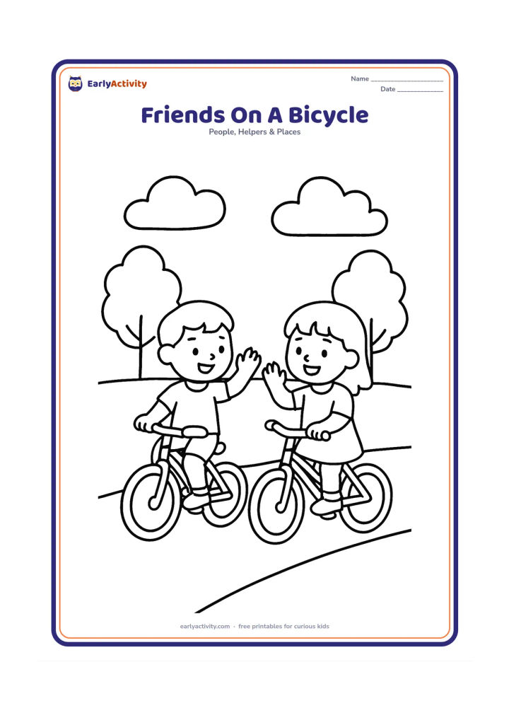 Colouring page: Two children ride side by side on separate bicycles along a park path, smiling and waving to each other. Include two trees, a broad path, and simple clouds.