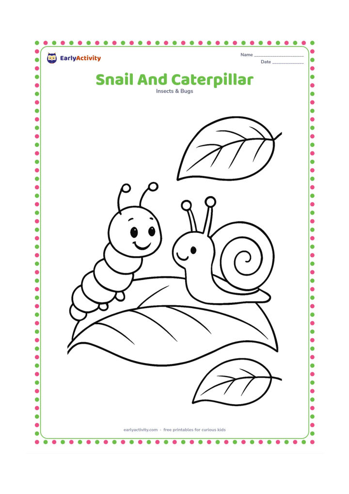 Colouring page: Draw a snail and a cheerful caterpillar meeting on a broad leaf, with the snail facing the caterpillar. Add a second leaf and a few simple veins in the leaves.