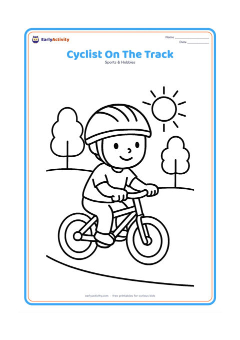 Colouring page: A child rides a bicycle around a smooth track, wearing a helmet, with a curved track line, trees and a sun behind. Show both wheels fully and keep the pose easy to recognize.