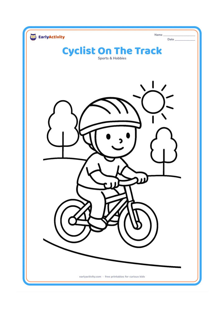Colouring page: A child rides a bicycle around a smooth track, wearing a helmet, with a curved track line, trees and a sun behind. Show both wheels fully and keep the pose easy to recognize.