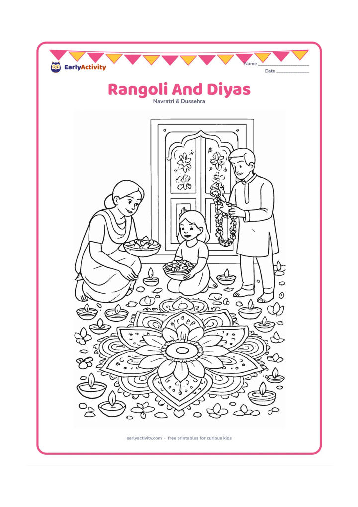 Colouring page: A large floral rangoli fills the foreground outside a Puja home, surrounded by many diyas, flower bowls, lotus petals, and a family preparing decorations near the doorway. Include…