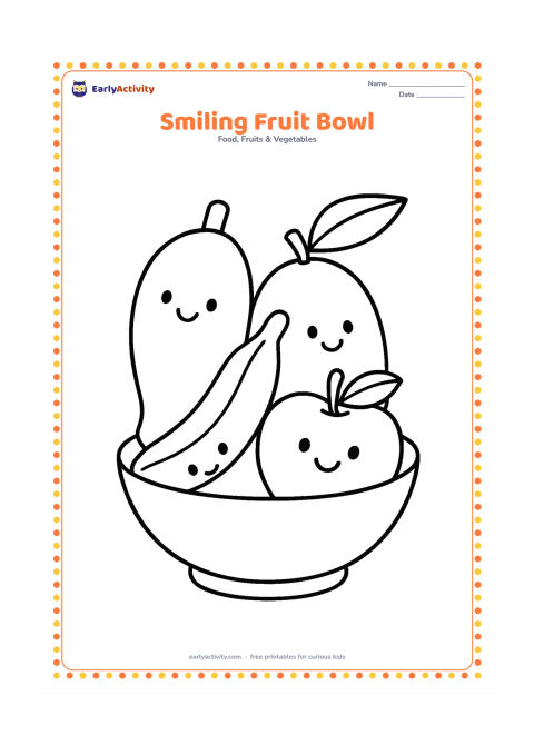 Colouring page: Show a bowl filled with two mangoes, a banana and an apple, with friendly simple faces on the fruits and a mango leaf at the side.