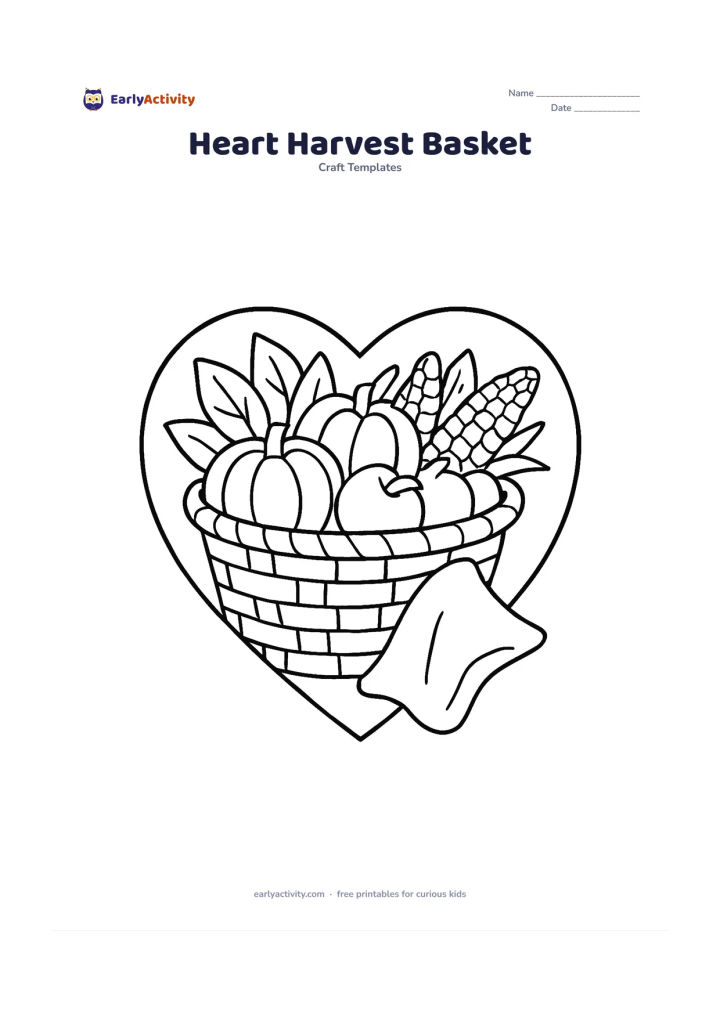 Worksheet: Draw a large heart-shaped frame containing a woven-style basket filled with broad leaves, pumpkins, apples and ears of corn, with a small cloth beside it. Keep the basket and produce…