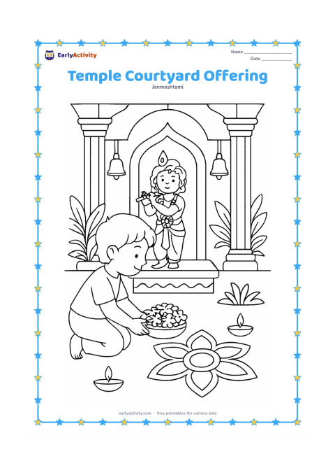 Colouring page: Draw a child placing flowers and a small butter bowl before a simple Krishna shrine in a temple courtyard. Include bells, pillars, a rangoli, lamps, and leafy plants.
