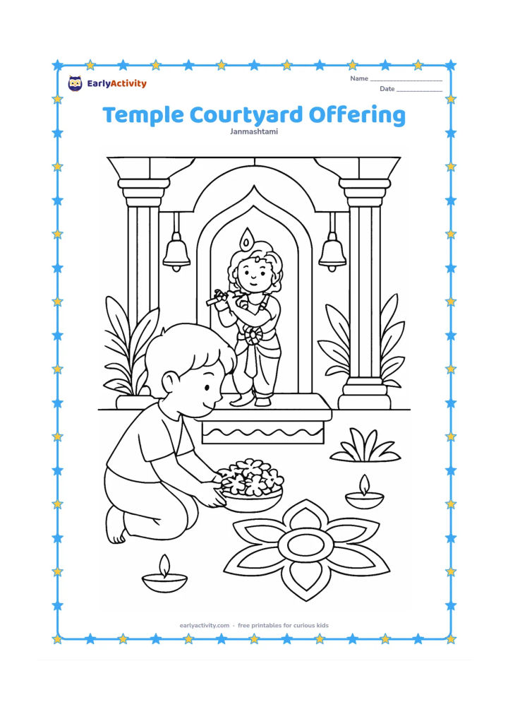 Colouring page: Draw a child placing flowers and a small butter bowl before a simple Krishna shrine in a temple courtyard. Include bells, pillars, a rangoli, lamps, and leafy plants.