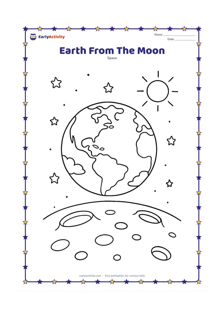 Colouring page: Show the curved surface of the Moon in the foreground with a large Earth rising above its horizon, surrounded by stars and a distant Sun. Include a few visible craters on the Moon and…