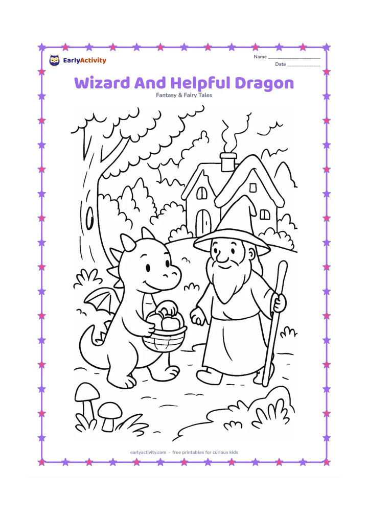 Colouring page: A friendly small dragon carries a basket of apples while walking beside a wizard along a woodland path. Add mushrooms, ferns, a tree hollow and a welcoming cottage in the background.