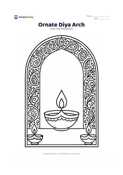 Worksheet: Draw a large arched frame filled with repeating paisley, leaf and dot patterns, surrounding a central diya. Add two smaller lamps at the base and leave a clean inner panel above the…