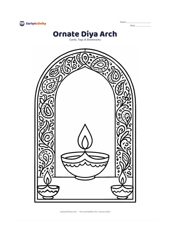 Worksheet: Draw a large arched frame filled with repeating paisley, leaf and dot patterns, surrounding a central diya. Add two smaller lamps at the base and leave a clean inner panel above the…