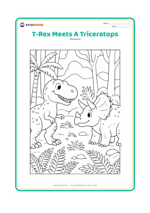Colouring page: A smiling T-Rex and a calm Triceratops face each other across a fern-filled clearing, with rounded stones, cycads, tree trunks, and distant hills. Both dinosaurs should have relaxed,…
