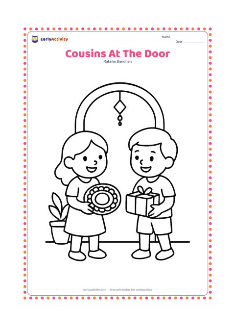 Colouring page: Two happy cousins greet each other at the entrance of an Indian home, with one holding a large rakhi plate and the other carrying a plain gift. Include a doorway, a plant and a simple…