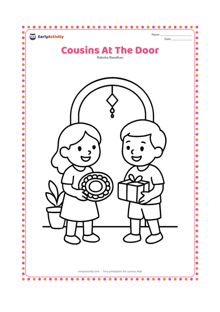 Colouring page: Two happy cousins greet each other at the entrance of an Indian home, with one holding a large rakhi plate and the other carrying a plain gift. Include a doorway, a plant and a simple…
