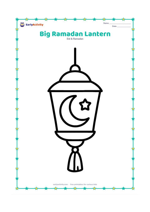 Colouring page: A single large hanging lantern with a crescent-shaped window, a small star, and a simple tassel, centered with plenty of open space around it.