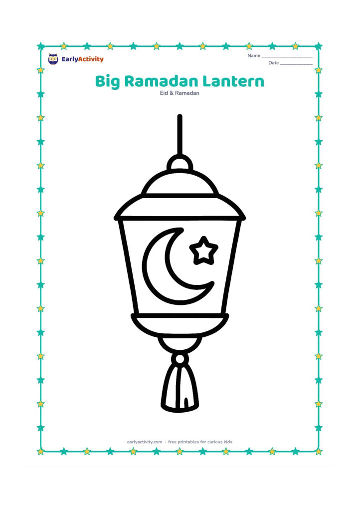 Colouring page: A single large hanging lantern with a crescent-shaped window, a small star, and a simple tassel, centered with plenty of open space around it.