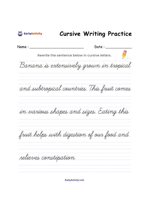 Cursive writing worksheet with a sentence about bananas to rewrite on ruled handwriting lines, plus name and date fields.
