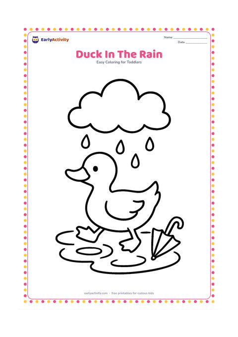 Colouring page: Draw a duck waddling through a shallow puddle beneath one large cloud with falling raindrops. Add two broad puddle ripples and a small umbrella lying nearby.