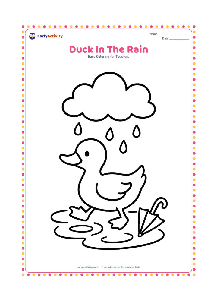 Colouring page: Draw a duck waddling through a shallow puddle beneath one large cloud with falling raindrops. Add two broad puddle ripples and a small umbrella lying nearby.