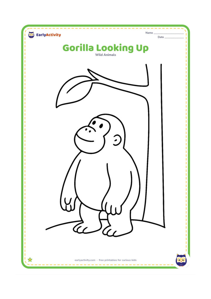 Colouring page: A gorilla stands and looks upward toward one large leaf hanging from a low branch. Include a simple tree trunk and a curved ground line.