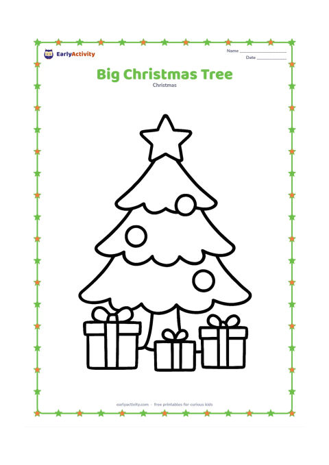 Colouring page: A large decorated Christmas tree stands in the centre with a star on top, three round ornaments, and a few wrapped gifts at its base. Use a plain open background and very large spaces…