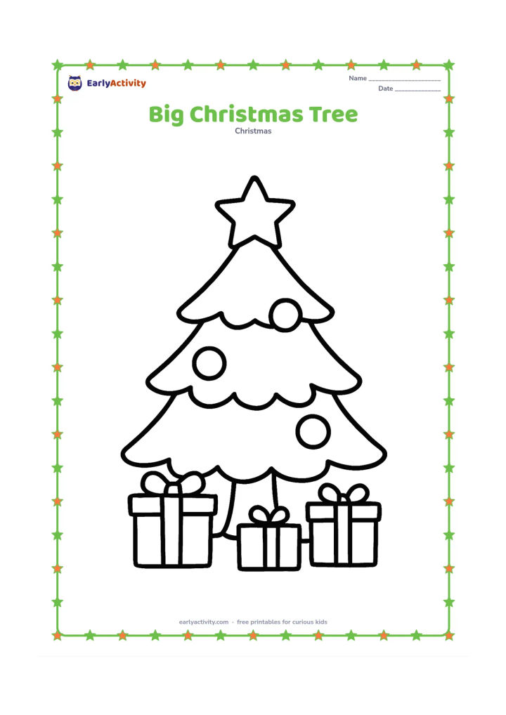 Colouring page: A large decorated Christmas tree stands in the centre with a star on top, three round ornaments, and a few wrapped gifts at its base. Use a plain open background and very large spaces…
