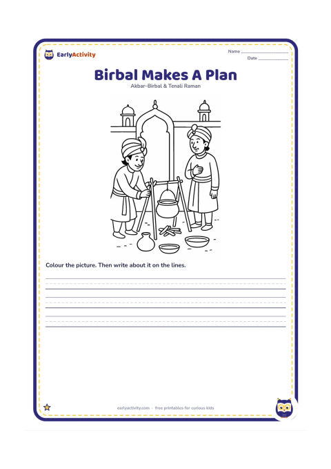 Printable: Show Birbal arranging a tall cooking stand, a pot and a small bundle of firewood in a palace courtyard while Akbar watches curiously. Include a few simple kitchen vessels.