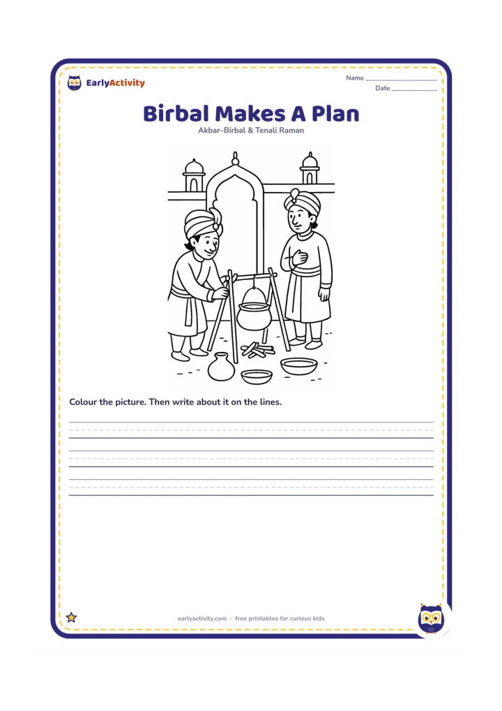 Printable: Show Birbal arranging a tall cooking stand, a pot and a small bundle of firewood in a palace courtyard while Akbar watches curiously. Include a few simple kitchen vessels.