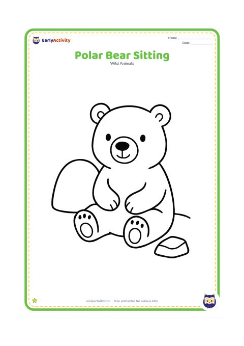 Colouring page: A polar bear sits with its front paws resting on its belly, beside one large rounded snow mound and a small ice chunk.