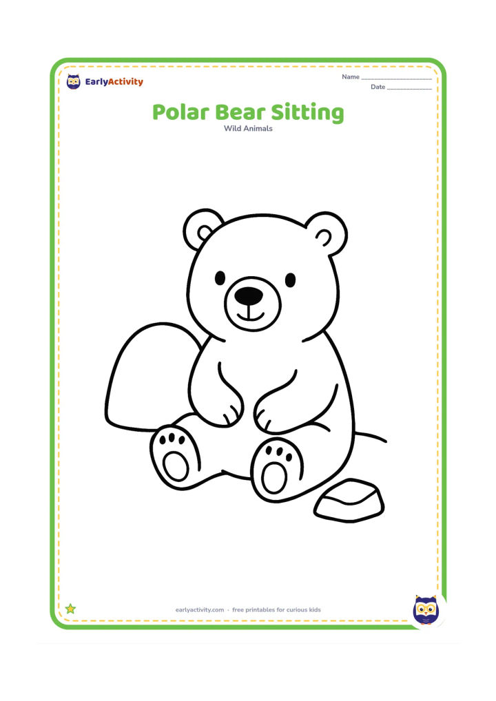 Colouring page: A polar bear sits with its front paws resting on its belly, beside one large rounded snow mound and a small ice chunk.