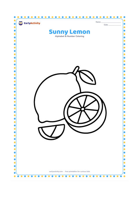 Colouring page: Draw one whole lemon beside one lemon half, with a small leaf and a simple curved slice detail. Arrange the fruit large in the centre on a plain surface.