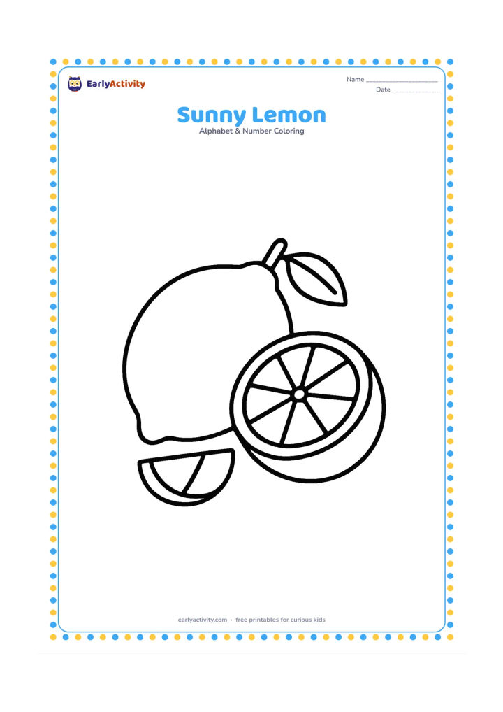 Colouring page: Draw one whole lemon beside one lemon half, with a small leaf and a simple curved slice detail. Arrange the fruit large in the centre on a plain surface.