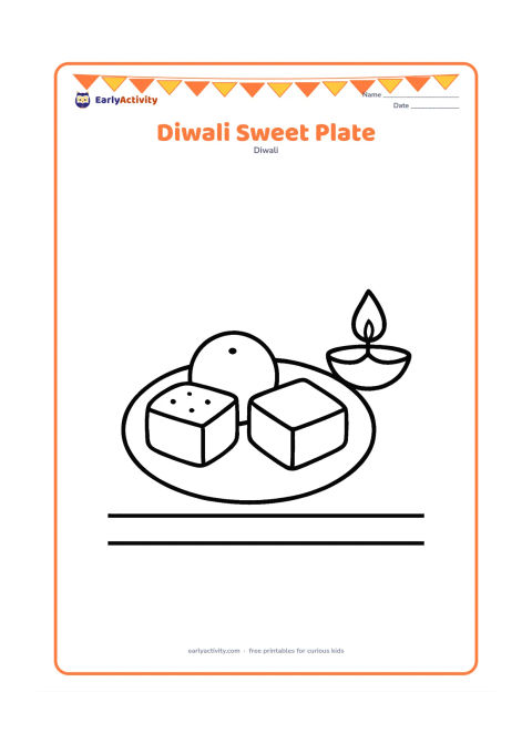 Colouring page: A round plate holds three large Indian sweets, including a ladoo and two square pieces, beside one small diya. Place the objects on a simple table with plenty of open space around them.