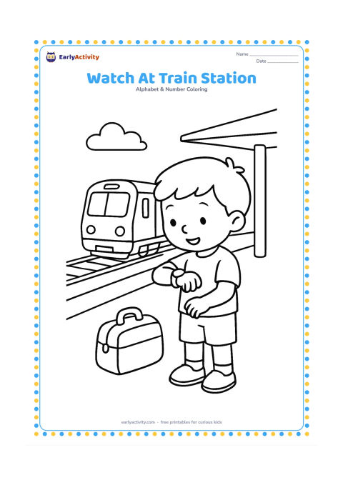 Colouring page: Draw a child checking a round wristwatch while waiting beside a simple Indian railway platform, with a train arriving in the distance and a small travel bag nearby. Use a plain station…