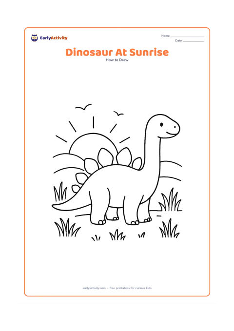 Worksheet: Show a plated dinosaur stretching its neck as the sun rises behind low hills, with construction stages for the body, tail, legs, and plates. Add long grass silhouettes and a few birds…