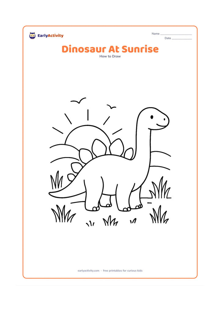 Worksheet: Show a plated dinosaur stretching its neck as the sun rises behind low hills, with construction stages for the body, tail, legs, and plates. Add long grass silhouettes and a few birds…