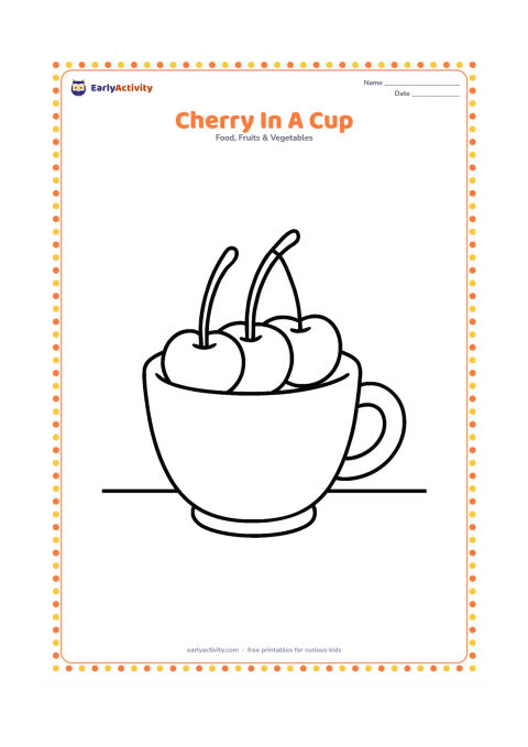 Colouring page: Draw a small cup filled with three cherries and their stems, placed on a plain tabletop.