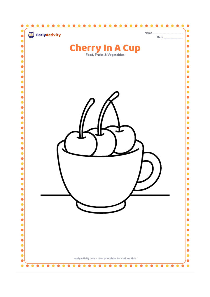 Colouring page: Draw a small cup filled with three cherries and their stems, placed on a plain tabletop.