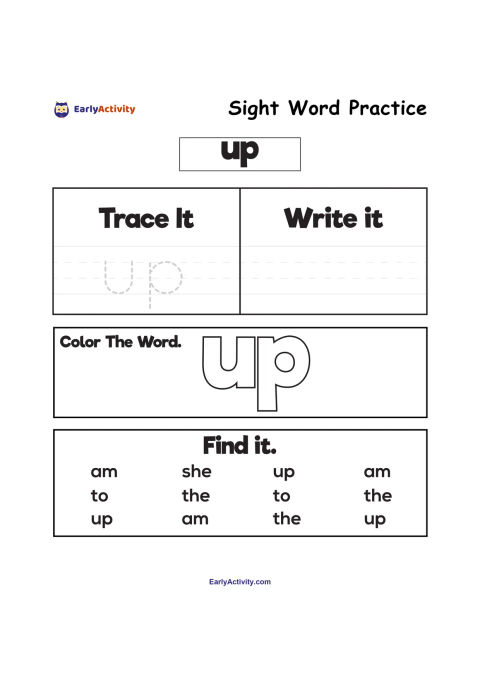 Worksheet with activities for the sight word “up,” including tracing, writing, colouring the word and finding it among other words.