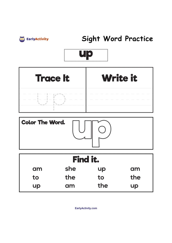 Worksheet with activities for the sight word “up,” including tracing, writing, colouring the word and finding it among other words.