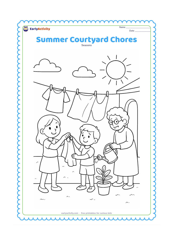 Colouring page: Two siblings hang light cotton clothes on a courtyard clothesline while a grandmother waters a plant, with a clay pot, doorway and sunny sky behind them.