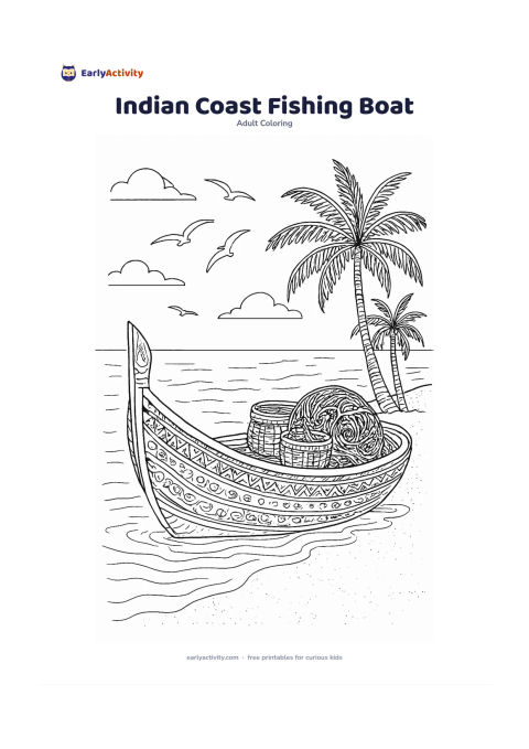 Colouring page: A traditional Indian fishing boat rests on calm coastal water near a sandy beach, with coiled nets, baskets, palm trees and a few seabirds in the background. Include simple decorative…