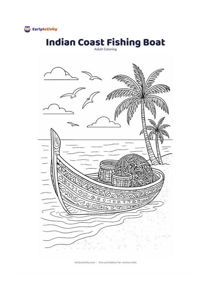 Colouring page: A traditional Indian fishing boat rests on calm coastal water near a sandy beach, with coiled nets, baskets, palm trees and a few seabirds in the background. Include simple decorative…